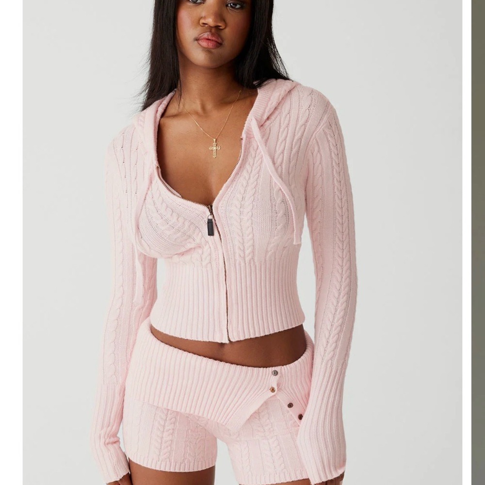 Pink Knit Hooded Cardigan